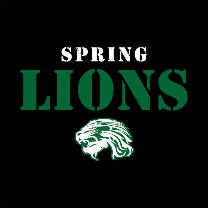 A black square graphic with the words 'SPRING LIONS' in large distressed lettering and a white-and-green lion head logo below. 'SPRING' is in white, and 'LIONS' is in dark green. Spring High School Lions Unisex 3/4 Sleeve Raglan T-shirt 017