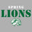A graphic design featuring the words 'SPRING LIONS' in distressed typography, with 'SPRING' in white and 'LIONS' in dark green, above a green and white lion head mascot logo, all centered on a solid gray background. Spring High School Lions Women's Grey SoftStyle T-shirt 017