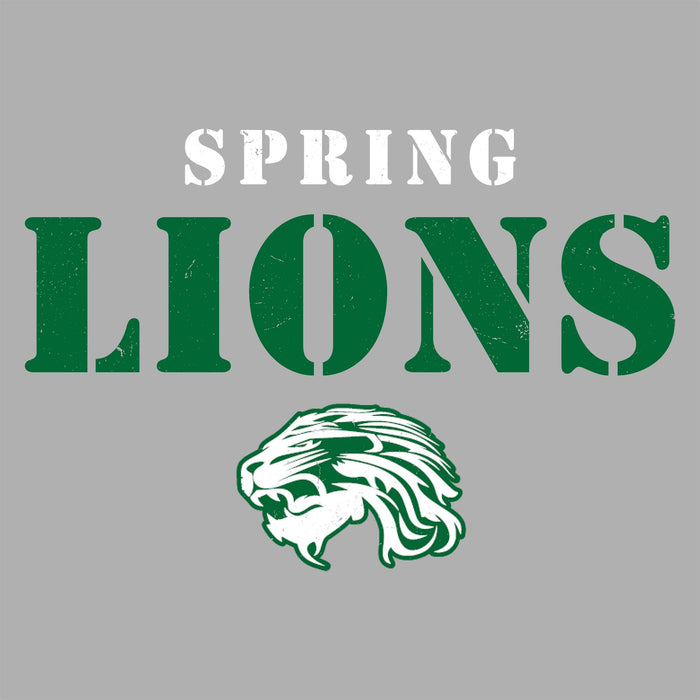 A graphic design featuring the words 'SPRING LIONS' in distressed typography, with 'SPRING' in white and 'LIONS' in dark green, above a green and white lion head mascot logo, all centered on a solid gray background. Spring High School Lions Women's Grey SoftStyle T-shirt 017
