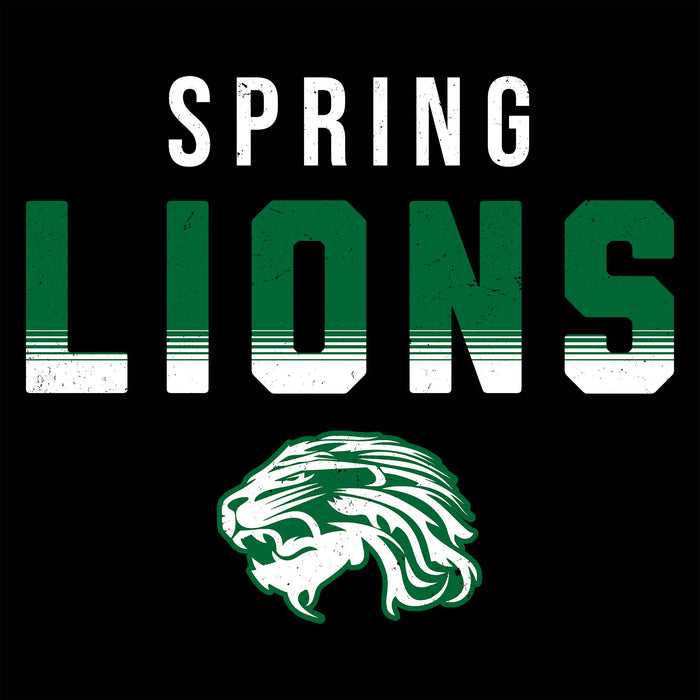 A black graphic with the words "SPRING LIONS" in large block letters. "SPRING" is white, and "LIONS" is green with a white horizontal stripe effect near the bottom. Spring High School Lions Women's Black SoftStyle T-shirt 201