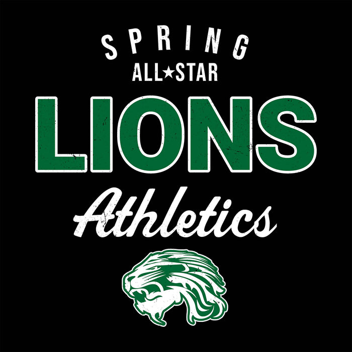 Spring All-Star Lions Athletics graphic on a black background, featuring green and white text and a lion head logo. Spring High School Lions Women's Black SoftStyle T-shirt 034