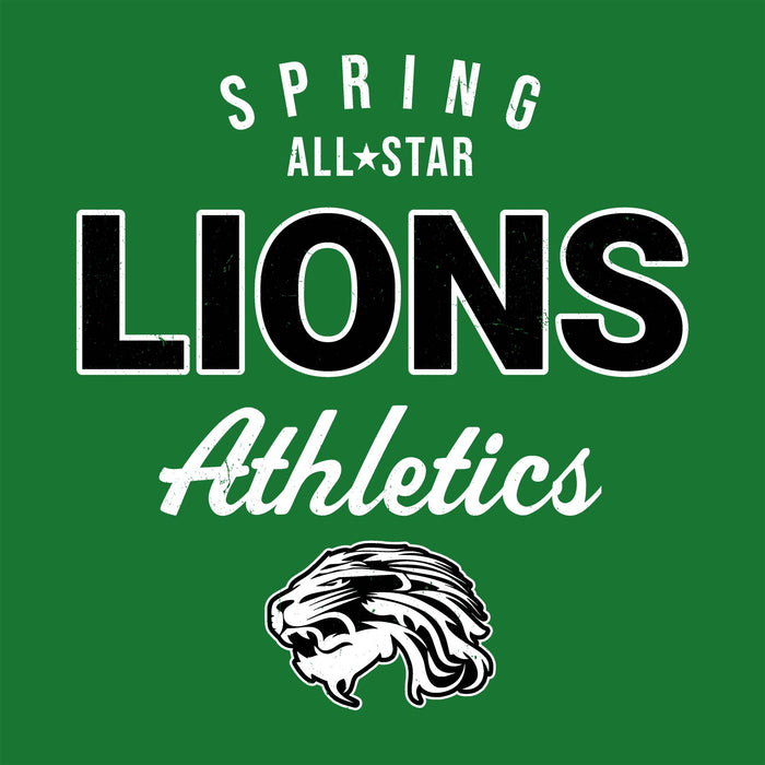 Green graphic with white and black text reading 'SPRING ALL-STAR LIONS Athletics' and a lion head illustration. Spring High School Lions Green Classic Unisex T-shirt 034