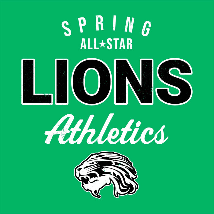 Green graphic with white and black text reading 'SPRING ALL-STAR LIONS Athletics' and a lion head illustration. Spring High School Lions Women's Irish Green SoftStyle T-shirt 034