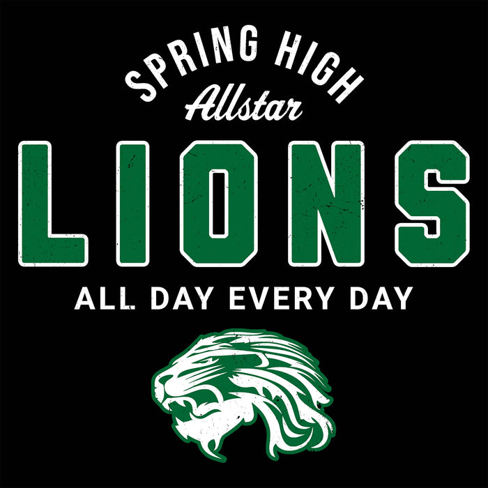 A black graphic design featuring the text 'SPRING HIGH Allstar LIONS ALL DAY EVERY DAY' in white and green varsity-style lettering, with a green and white lion head illustration below. Spring High School Lions Black Classic Unisex T-shirt 040