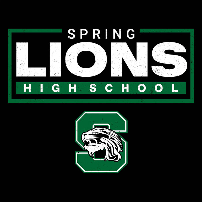 Spring Lions High School logo on a black background, featuring a green and white rectangular emblem with distressed white text and a large green letter S with a lion head below. Spring High School Lions Women's Black SoftStyle T-shirt 049