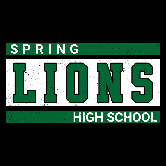 A rectangular sports-style graphic reading 'SPRING LIONS HIGH SCHOOL' in green and white, centered on a black background. Spring High School Lions Women's Black SoftStyle T-shirt 098