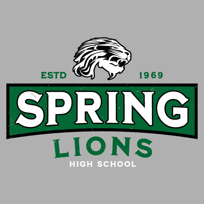 A school logo design for Spring Lions High School featuring a white lion head mascot above a green and white arched banner with the words 'SPRING LIONS' and 'ESTD 1969' on a solid gray background. Spring High School Lions Women's Grey SoftStyle T-shirt 202