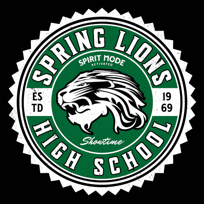A circular spring lions high school spirit logo with a roaring lion head in the center, green and white text, and a black background. Spring High School Lions Women's Black SoftStyle T-shirt 203
