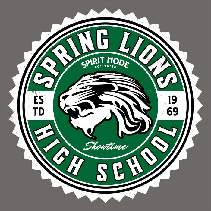A circular spring lions high school spirit logo featuring a roaring lion head in the center, with the text 'SPRING LIONS HIGH SCHOOL', 'SPIRIT MODE ACTIVATED', 'EST. 1969', and 'Showtime' on a dark gray background. Spring High School Lions Dark Grey Classic Unisex T-shirt 203
