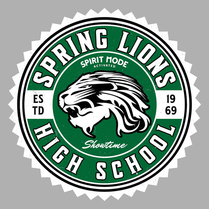 A circular spring lions high school graphic with a roaring lion head in the center, the words 'SPRING LIONS HIGH SCHOOL,' 'SPIRIT MODE ACTIVATED,' and 'Showtime,' on a gray background. Spring High School Lions Unisex 3/4 Sleeve Raglan T-shirt 203A