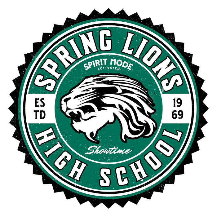 A circular spring lions high school logo featuring a roaring lion head in the center, with the text 'SPRING LIONS HIGH SCHOOL,' 'SPIRIT MODE ACTIVATED,' 'EST. 1969,' and 'Showtime' on a white background. Spring High School Lions Unisex 3/4 Sleeve Raglan T-shirt 203