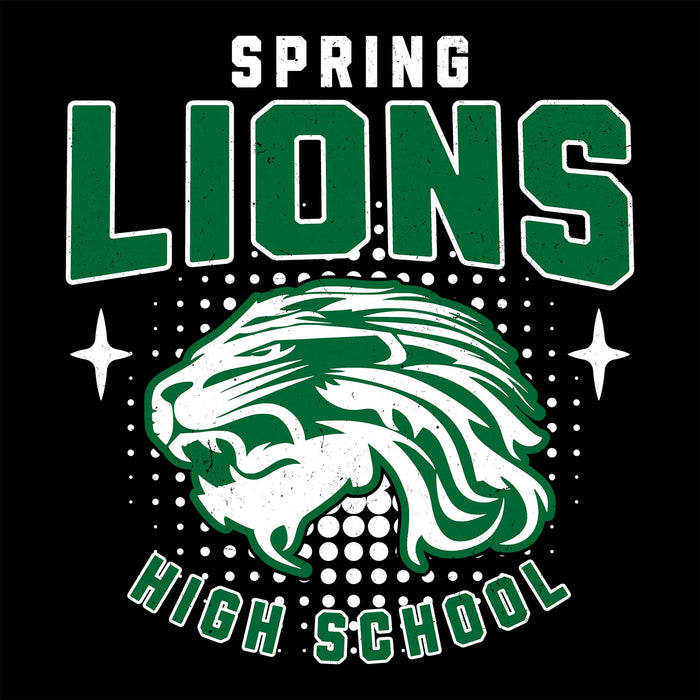 A black graphic design featuring the words 'SPRING LIONS HIGH SCHOOL' in green and white varsity-style lettering, with a large green and white lion head mascot in the center and white star accents on both sides. Spring High School Lions Women's Black SoftStyle T-shirt 204