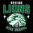 A black graphic design featuring the words 'SPRING LIONS HIGH SCHOOL' in green and white varsity-style lettering, with a large green and white lion head mascot in the center and white star accents on both sides. Spring High School Lions Unisex 3/4 Sleeve Raglan T-shirt 204