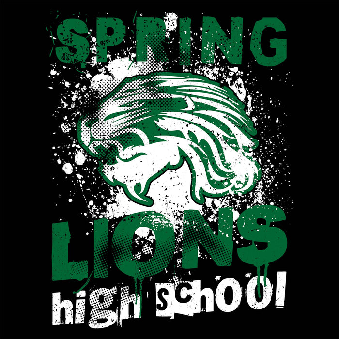 A black graphic design featuring a green and white halftone lion head with the words 'SPRING LIONS high school' in distressed green and white lettering. Spring High School Lions Women's Black SoftStyle T-shirt 205