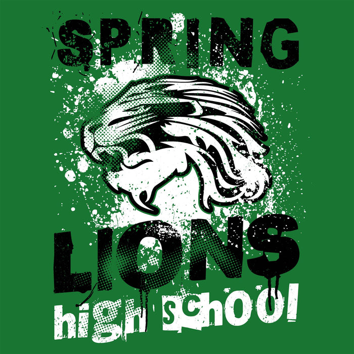 A green graphic design featuring a stylized white and black lion head with the words 'SPRING LIONS high school' in distressed black and white lettering. Spring High School Lions Turf Green Classic Unisex T-shirt 205