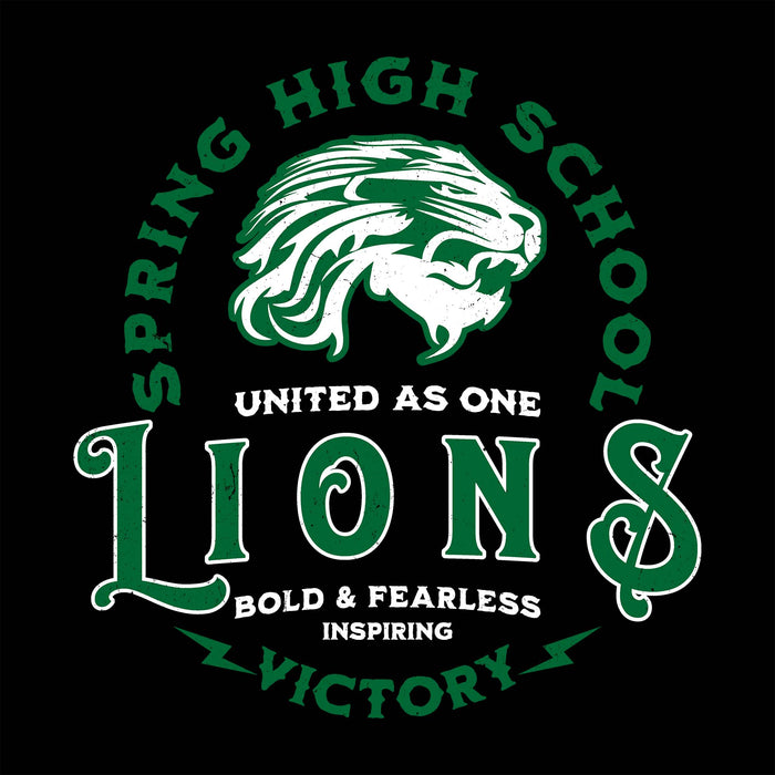 A circular Spring High School Lions graphic on a black background, featuring a white lion head with green outline details, the words 'SPRING HIGH SCHOOL' in green, 'UNITED AS ONE' in white, large 'LIONS' lettering in green with white outlines, and 'BOLD & FEARLESS,  INSPIRING VICTORY. Spring High School Lions Unisex 3/4 Sleeve Raglan T-shirt 206