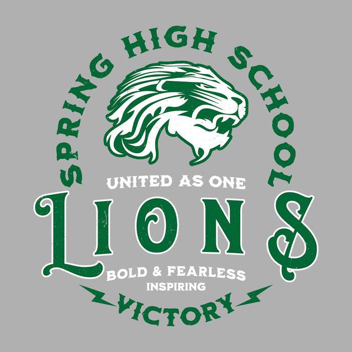 A green and white graphic design featuring a lion head illustration with the text 'SPRING HIGH SCHOOL UNITED AS ONE LIONS BOLD & FEARLESS INSPIRING VICTORY' on a solid gray background. Spring High School Lions Women's Grey SoftStyle T-shirt 241
