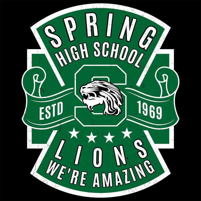 A green and white distressed school crest graphic reading 'SPRING HIGH SCHOOL' at the top and 'LIONS WE'RE AMAZING' at the bottom, with a lion head emblem and 'ESTD 1969' on banners, shown on a black background. Spring High School Lions Women's Black SoftStyle T-shirt 207