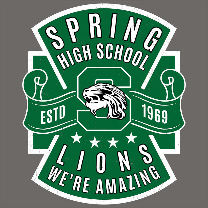 A green and white spring high school Lions graphic with a lion head emblem, stars, and the text 'SPRING HIGH SCHOOL', 'ESTD 1969', and 'LIONS WE'RE AMAZING' on a dark gray background. Spring High School Lions Dark Grey Classic Unisex T-shirt 207