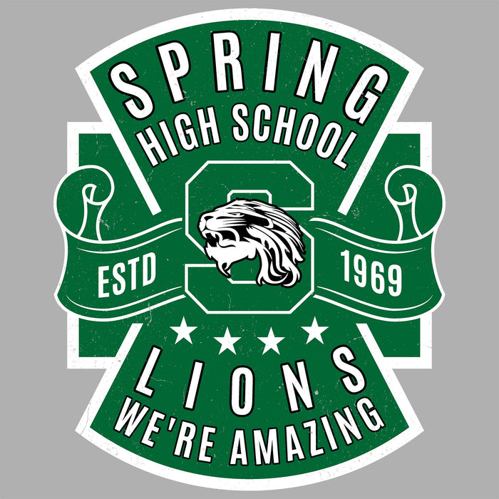 A green and white Spring High School Lions graphic design featuring a lion mascot head inside a large letter S, with banners reading 'ESTD 1969' and 'WE'RE AMAZING' on a gray background. Spring High School Lions Unisex 3/4 Sleeve Raglan T-shirt 207A