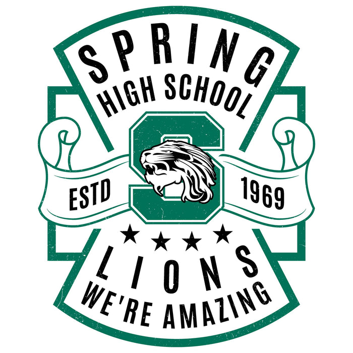 A vintage-style school emblem reading 'SPRING HIGH SCHOOL' and 'LIONS WE'RE AMAZING,' with a large green letter S, a lion head illustration, stars, and 'ESTD 1969' on a white background. Spring High School Lions Unisex 3/4 Sleeve Raglan T-shirt 207