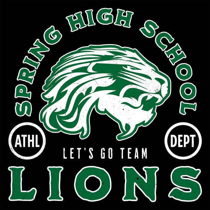 A black graphic design featuring a green and white lion head mascot, with the words 'SPRING HIGH SCHOOL' arched above and 'LIONS' below in green outlined lettering. Smaller white text reads 'ATHL' on the left and 'DEPT' on the right, with 'LET'S GO TEAM' in the center. Spring High School Lions Black Classic Unisex T-shirt 208