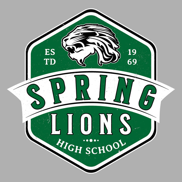 A vintage-style green, white, and black shield emblem with a lion head illustration and the text 'SPRING LIONS HIGH SCHOOL' on a plain gray background. Spring High School Lions Women's Grey SoftStyle T-shirt 209