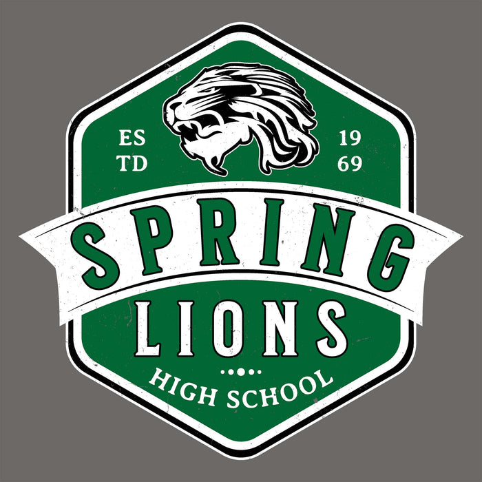 A green, white, and black hexagonal Spring Lions High School logo featuring a lion head illustration and a banner reading 'SPRING LIONS' on a solid gray background. Spring High School Lions Dark Grey Classic Unisex T-shirt 209