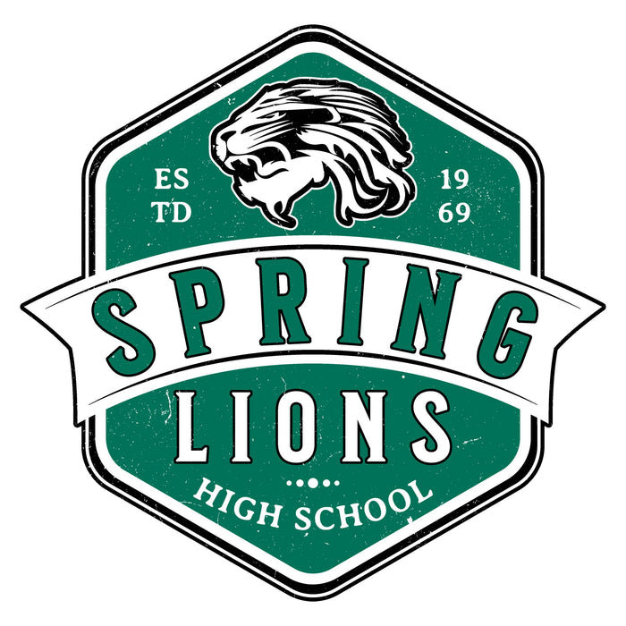 A vintage-style school emblem or badge reading "SPRING LIONS HIGH SCHOOL" with a lion head illustration and the text "EST. 1969" on a white background. Spring High School Lions Unisex 3/4 Sleeve Raglan T-shirt 209