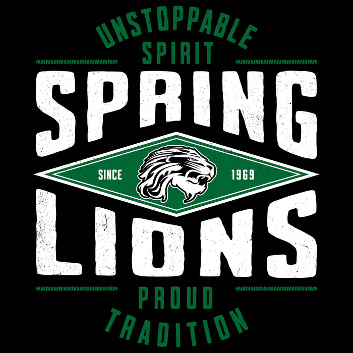 A black graphic design featuring distressed white text reading 'SPRING LIONS' with a green diamond emblem in the center containing a lion head and the words 'SINCE 1969' and 'UNSTOPPABLE SPIRIT and  PROUD TRADITION'. Spring High School Lions Women's Black SoftStyle T-shirt 210