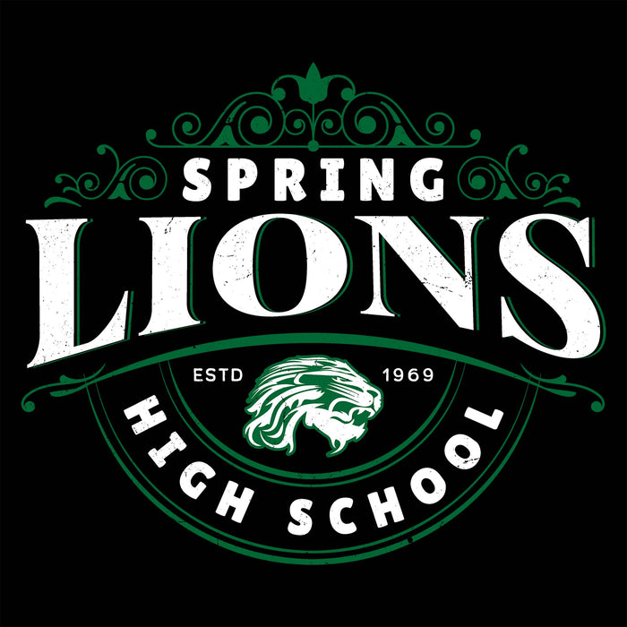 Spring Lions High School logo featuring a stylized lion head emblem in green and white, with ornate scrollwork and the text 'SPRING LIONS HIGH SCHOOL' and 'ESTD 1969' on a black background. Spring High School Lions Women's Black SoftStyle T-shirt 211
