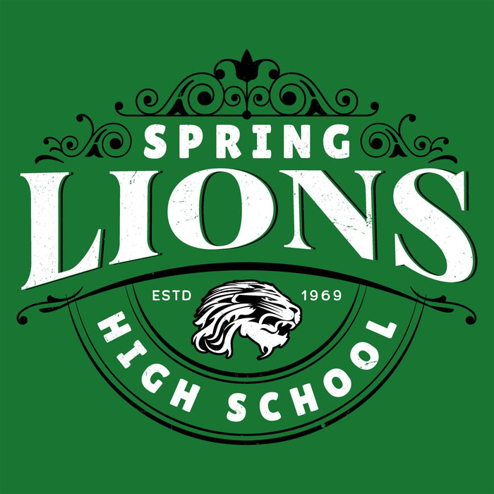 A green and white Spring Lions High School graphic design featuring a lion head mascot and decorative scrollwork. Spring High School Lions Turf Green Classic Unisex T-shirt 211