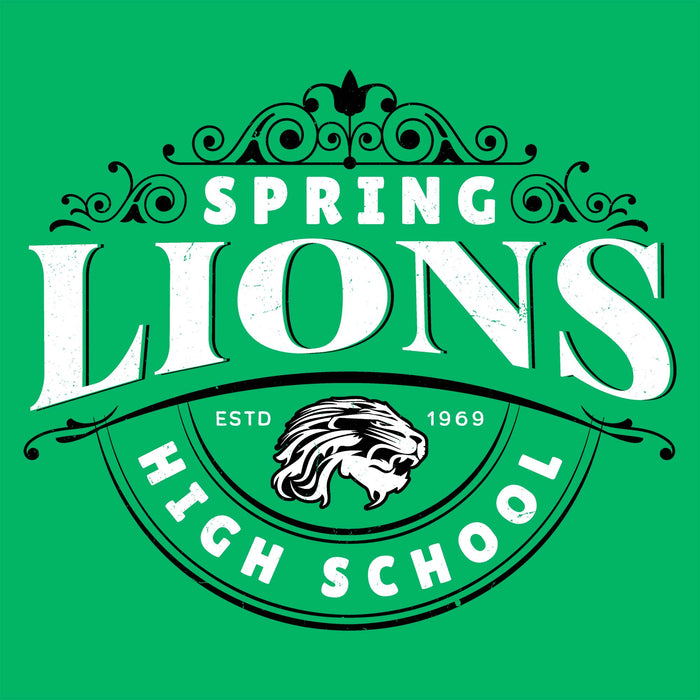 A green square graphic with a large white and black 'Spring Lions High School' emblem, featuring ornate scrollwork, a lion head illustration, and 'Estd 1969' text. Spring High School Lions Women's Irish Green SoftStyle T-shirt 211