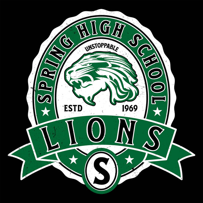 A circular and banner-style school crest reading "SPRING HIGH SCHOOL" and "LIONS," with a green lion head illustration, stars, and the text "UNSTOPPABLE" and "ESTD 1969," shown on a black background. Spring High School Lions Women's Black SoftStyle T-shirt 212