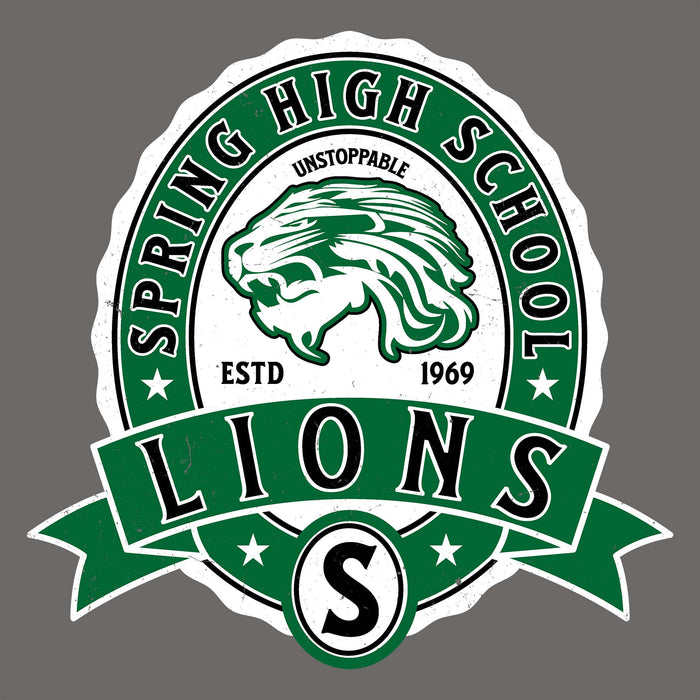 A circular school mascot graphic reading 'SPRING HIGH SCHOOL' around a green lion head, with 'LIONS' on a green ribbon banner below and 'ESTD 1969' and 'UNSTOPPABLE' details, shown on a plain gray background. Spring High School Lions Dark Grey Classic Unisex T-shirt 212