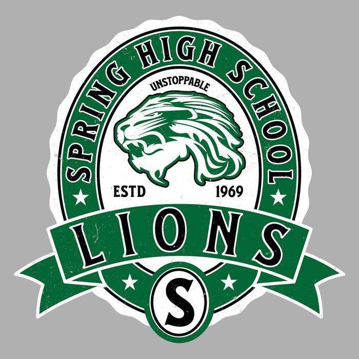 A die-cut sticker featuring a green and white 'Spring High School Lions' emblem with a lion head illustration, stars, and the text 'Unstoppable' and 'Estd 1969', shown on a plain gray background. Spring High School Lions Unisex 3/4 Sleeve Raglan T-shirt 212A