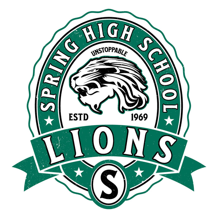 A circular spring high school Lions emblem with a lion head in the center, the words 'SPRING HIGH SCHOOL' around the top, 'LIONS' across a banner at the bottom, and 'ESTD 1969' and 'UNSTOPPABLE' on a white background. Spring High School Lions Unisex 3/4 Sleeve Raglan T-shirt 212