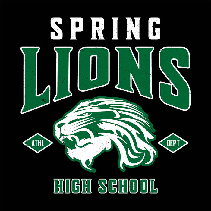 A black graphic design featuring the words 'SPRING LIONS HIGH SCHOOL' in white and green varsity-style lettering, with a green-and-white lion head mascot in the center and small diamond-shaped 'ATHL' and 'DEPT' elements on either side. Spring High School Lions Unisex 3/4 Sleeve Raglan T-shirt 213