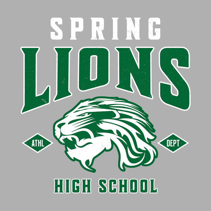 A graphic design featuring a green and white lion head mascot with the text 'SPRING LIONS HIGH SCHOOL' and small diamond-shaped 'ATHL DEPT' labels, on a solid gray background. Spring High School Lions Women's Grey SoftStyle T-shirt 213