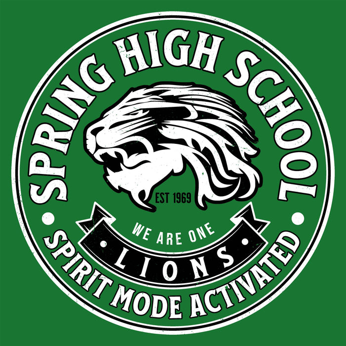 A circular green, white, and black Spring High School Lions graphic with a lion head illustration and the text 'Spring High School 1969', 'We Are One', and 'Spirit Mode Activated'. Spring High School Lions Turf Green Classic Unisex T-shirt 215
