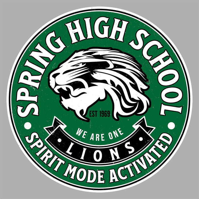 A circular green, white, and black Spring High School Lions sticker or decal design on a plain gray background. The design features a roaring lion head in the center, with the text 'SPRING HIGH SCHOOL', 'EST 1969', 'WE ARE ONE', 'LIONS', and 'SPIRIT MODE ACTIVATED' in bold lettering. Spring High School Lions Unisex 3/4 Sleeve Raglan T-shirt 215A