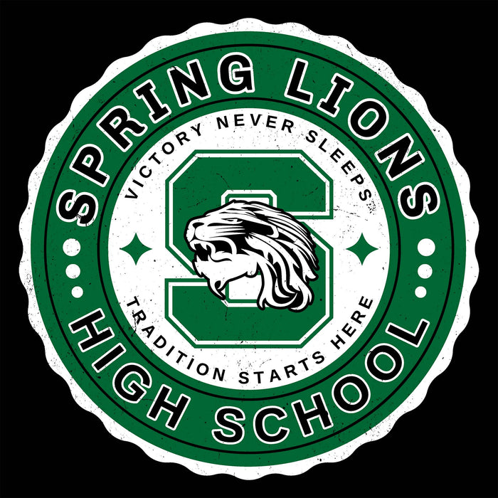 A circular Spring Lions High School graphic with a distressed vintage design, featuring a green and white color scheme with a lion mascot logo in the center. Spring High School Lions Unisex 3/4 Sleeve Raglan T-shirt 216A