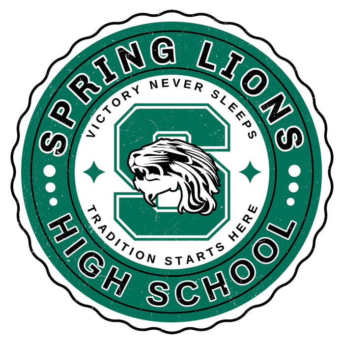 A circular green, white, and black Spring Lions High School emblem or sticker design on a plain white background. Spring High School Lions Unisex 3/4 Sleeve Raglan T-shirt 216