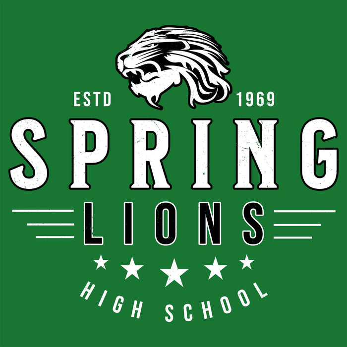 A green square graphic with a white lion head illustration above the words 'ESTD 1969 SPRING LIONS HIGH SCHOOL' in distressed white and black lettering. Spring High School Lions Turf Green Classic Unisex T-shirt 217