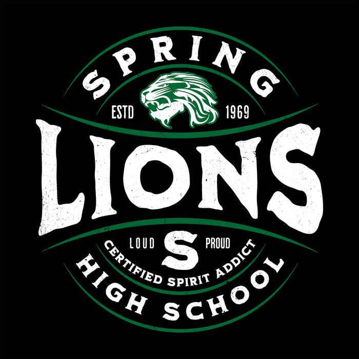 A circular Spring Lions High School graphic on a black background, with distressed white text reading 'SPRING LIONS' and 'HIGH SCHOOL,' a green lion head logo, and smaller white text including 'ESTD 1969,' 'LOUD,' and 'PROUD.'. Spring High School Lions Black Classic Unisex T-shirt 218