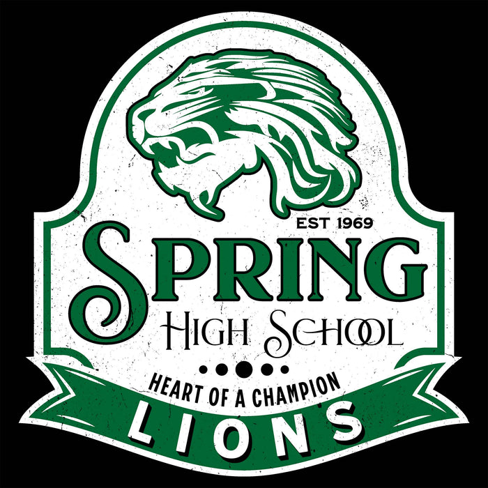 A vintage-style Spring High School Lions emblem or sticker design on a black background. The white shield-shaped graphic features a green lion head, the words 'SPRING HIGH SCHOOL,' 'EST 1969,' 'HEART OF A CHAMPION,' and 'LIONS. Spring High School Lions Women's Black SoftStyle T-shirt 219