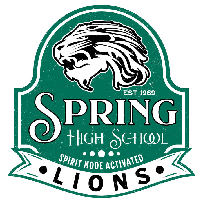 A vintage-style school crest or logo reading 'SPRING HIGH SCHOOL' with a lion head illustration, 'EST 1969,' and 'SPIRIT MODE ACTIVATED LIONS' on a white background. Spring High School Lions Unisex 3/4 Sleeve Raglan T-shirt 219