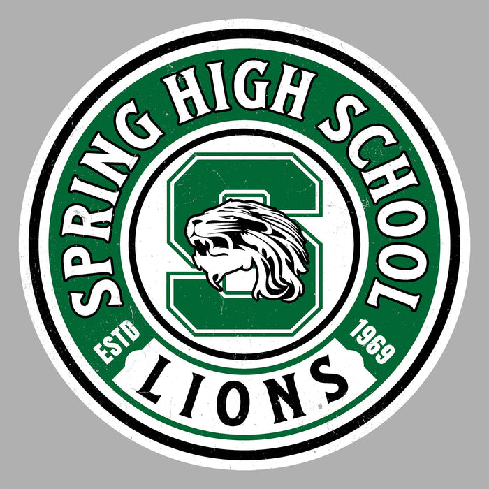 A circular Spring High School Lions logo sticker or decal design on a plain gray background. The design features a green and white school emblem with a lion head inside a large green letter 'S', surrounded by the words 'SPRING HIGH SCHOOL' and 'LIONS' in white and black text. Spring High School Lions Women's Grey SoftStyle T-shirt 220
