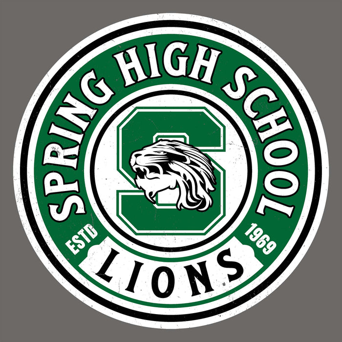 A circular Spring High School Lions logo sticker or decal design on a plain gray background. The design features a green, white, and black color scheme with a stylized lion head inside a large letter 'S' and the words 'SPRING HIGH SCHOOL', 'LIONS', 'ESTD 1969', and a large '100' around the border. Spring High School Lions Dark Grey Classic Unisex T-shirt 220