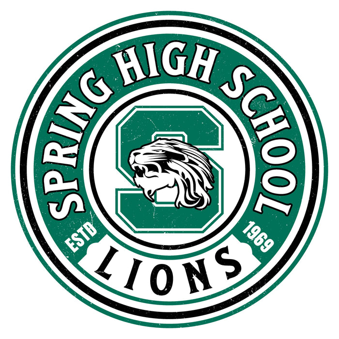 A circular Spring High School Lions logo with a distressed vintage design, featuring a lion mascot and the letters 'S' in green, white, and black on a white background. Spring High School Lions Unisex 3/4 Sleeve Raglan T-shirt 220